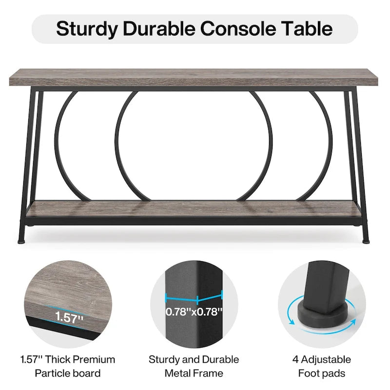 Table console étroite rétro marron rustique / gris vintage avec 2 étagères