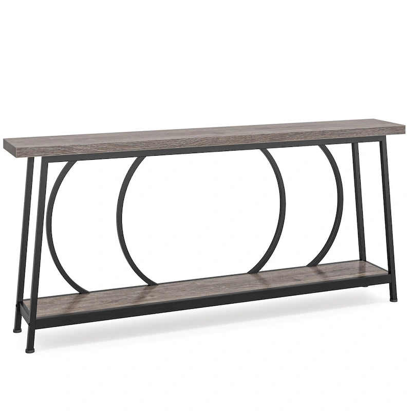 Table console étroite rétro marron rustique / gris vintage avec 2 étagères