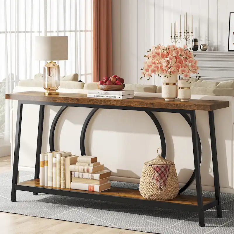 Table console étroite rétro marron rustique / gris vintage avec 2 étagères