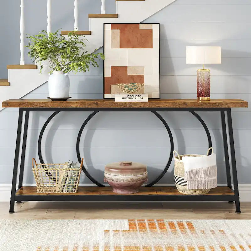 Table console étroite rétro marron rustique / gris vintage avec 2 étagères