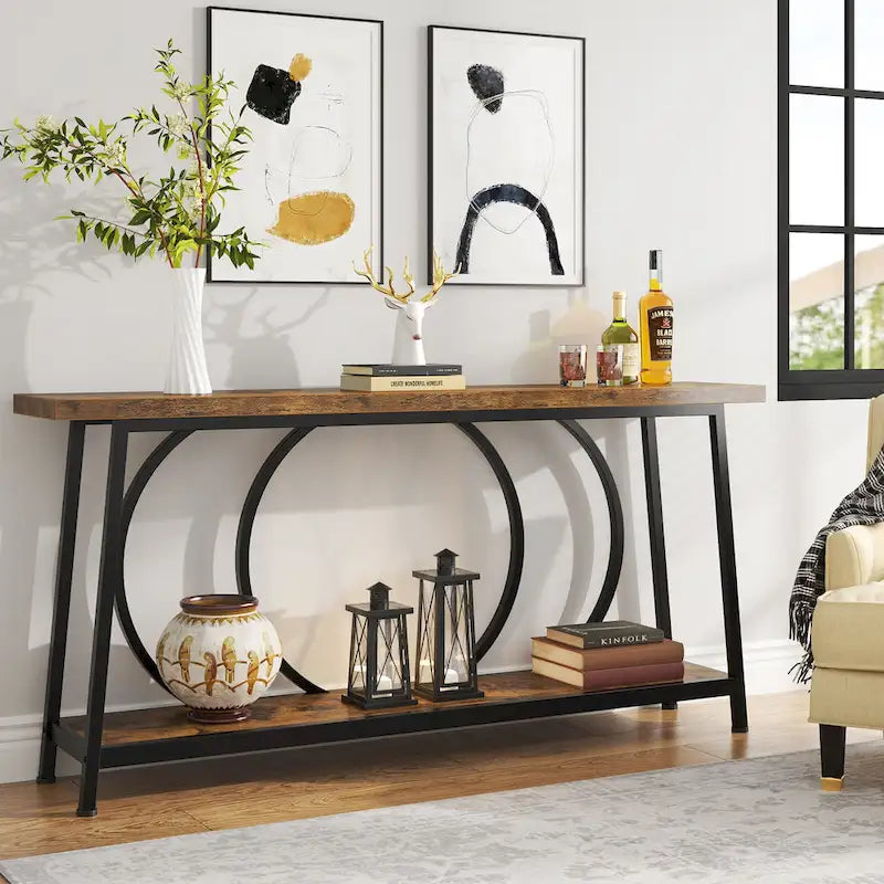 Table console étroite rétro marron rustique / gris vintage avec 2 étagères