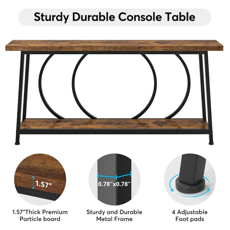 Table console étroite rétro marron rustique / gris vintage avec 2 étagères