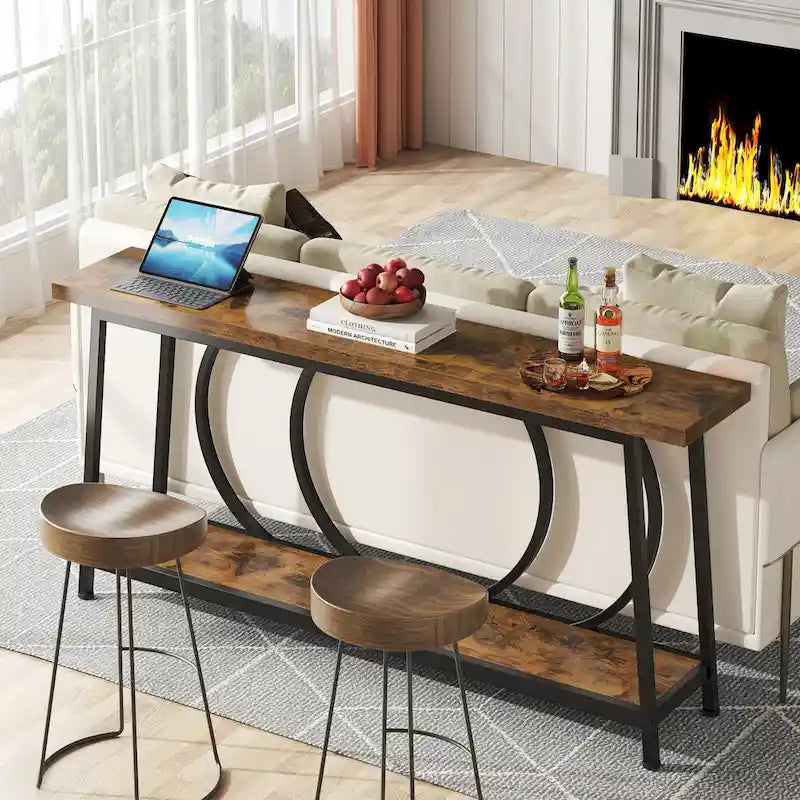 Table console étroite rétro marron rustique / gris vintage avec 2 étagères