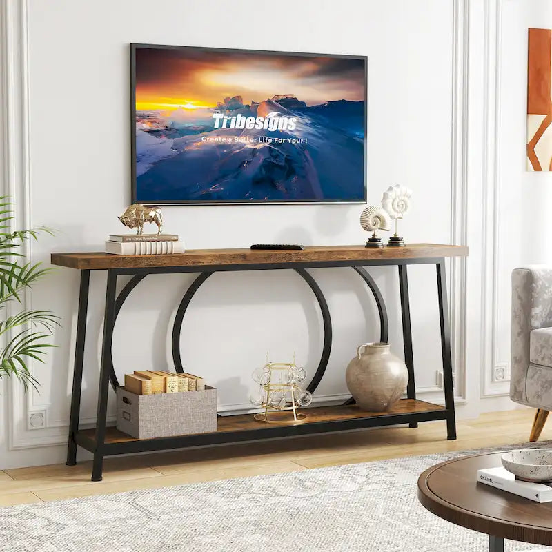 Table console étroite rétro marron rustique / gris vintage avec 2 étagères