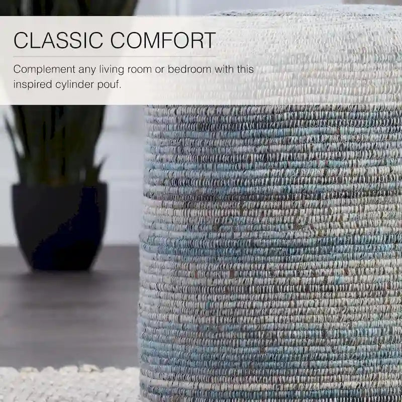 Pouf cylindrique rayé gris/bleu – Coussin de sol pour 1 personne