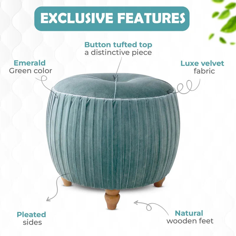 Ottoman rond en velours, émeraude/beige, 1 place