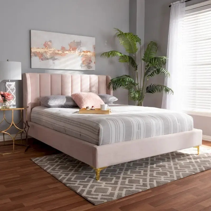 Lit plateforme Queen matelassé en velours Glam – Bleu clair / Rose clair