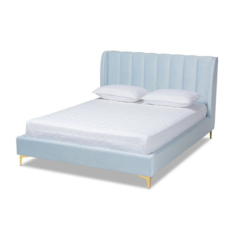 Lit plateforme Queen matelassé en velours Glam – Bleu clair / Rose clair
