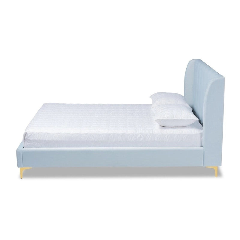 Lit plateforme Queen matelassé en velours Glam – Bleu clair / Rose clair
