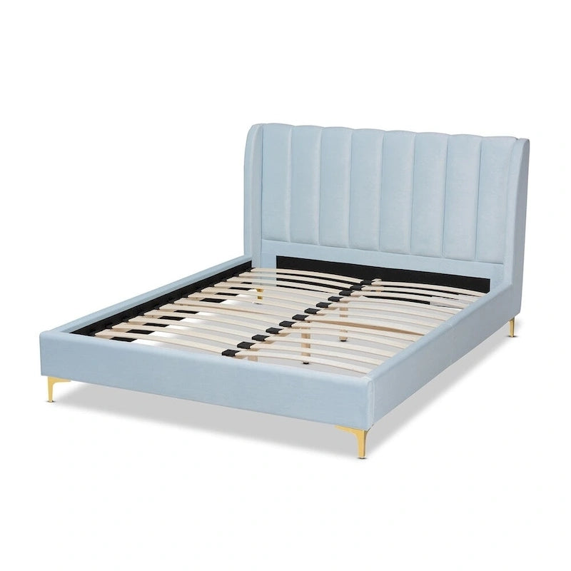 Lit plateforme Queen matelassé en velours Glam – Bleu clair / Rose clair
