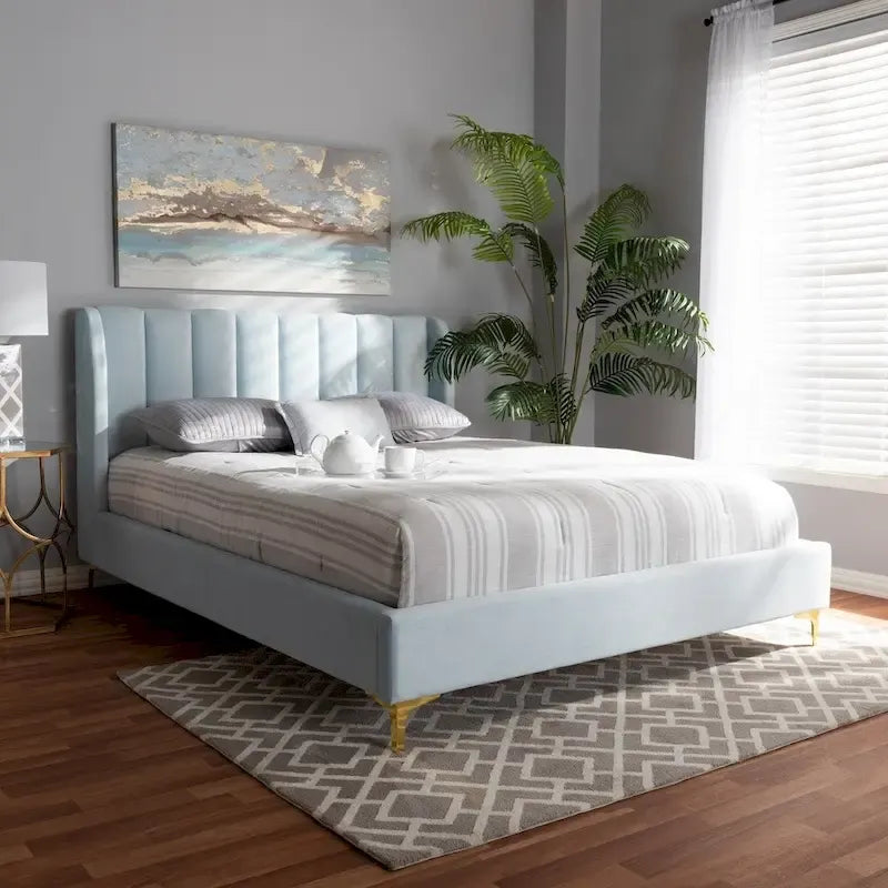Lit plateforme Queen matelassé en velours Glam – Bleu clair / Rose clair