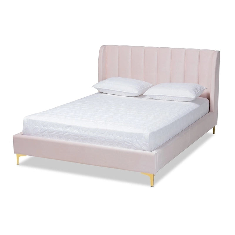 Lit plateforme Queen matelassé en velours Glam – Bleu clair / Rose clair