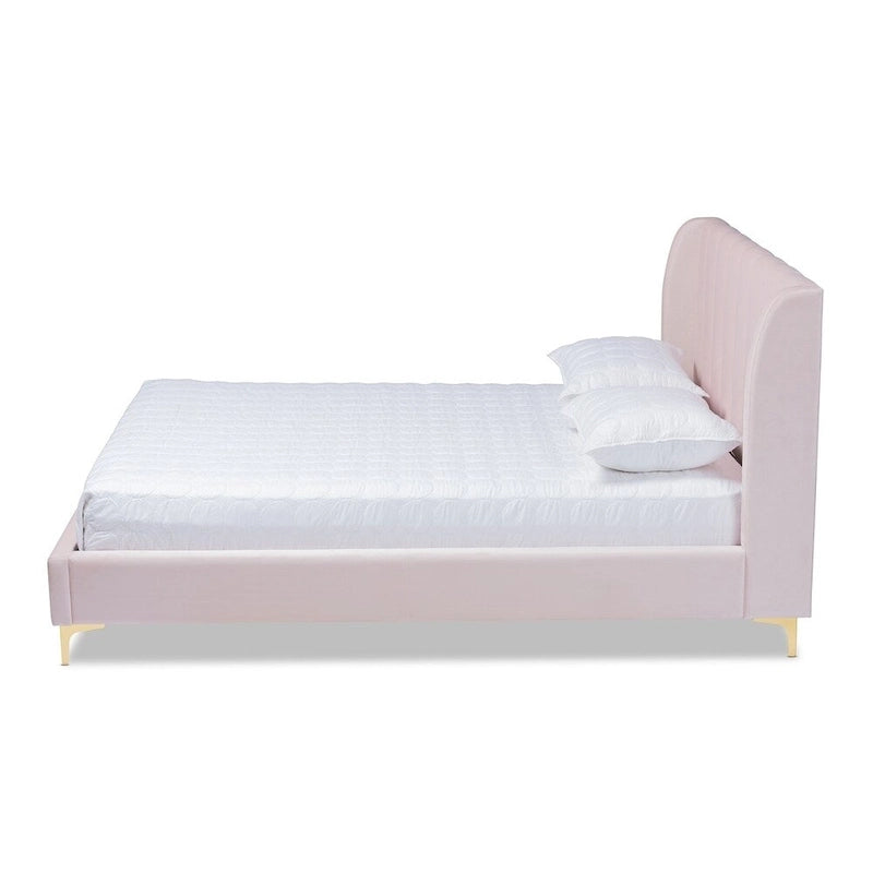Lit plateforme Queen matelassé en velours Glam – Bleu clair / Rose clair