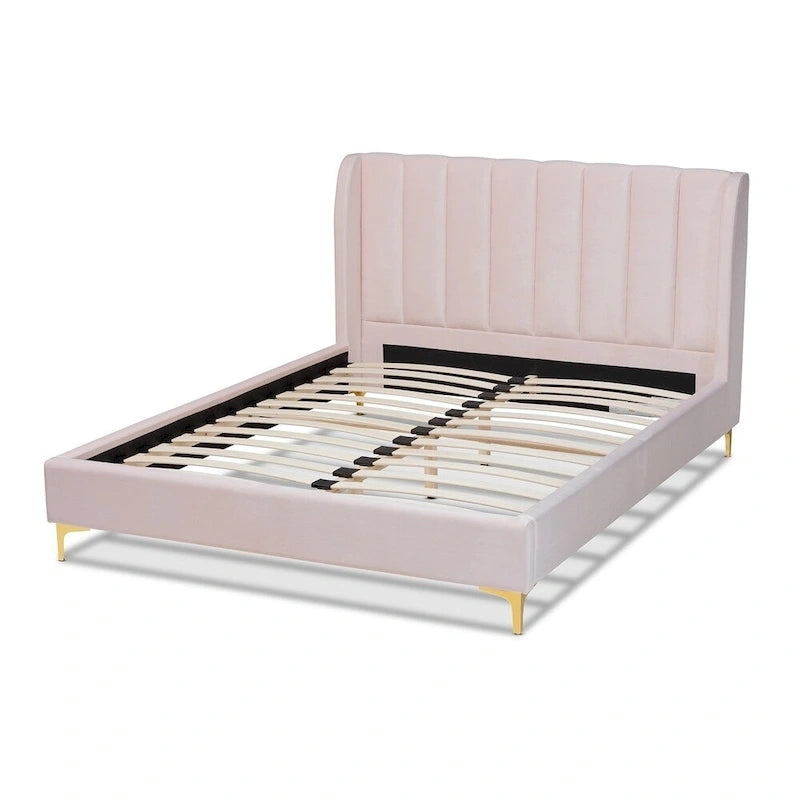 Lit plateforme Queen matelassé en velours Glam – Bleu clair / Rose clair