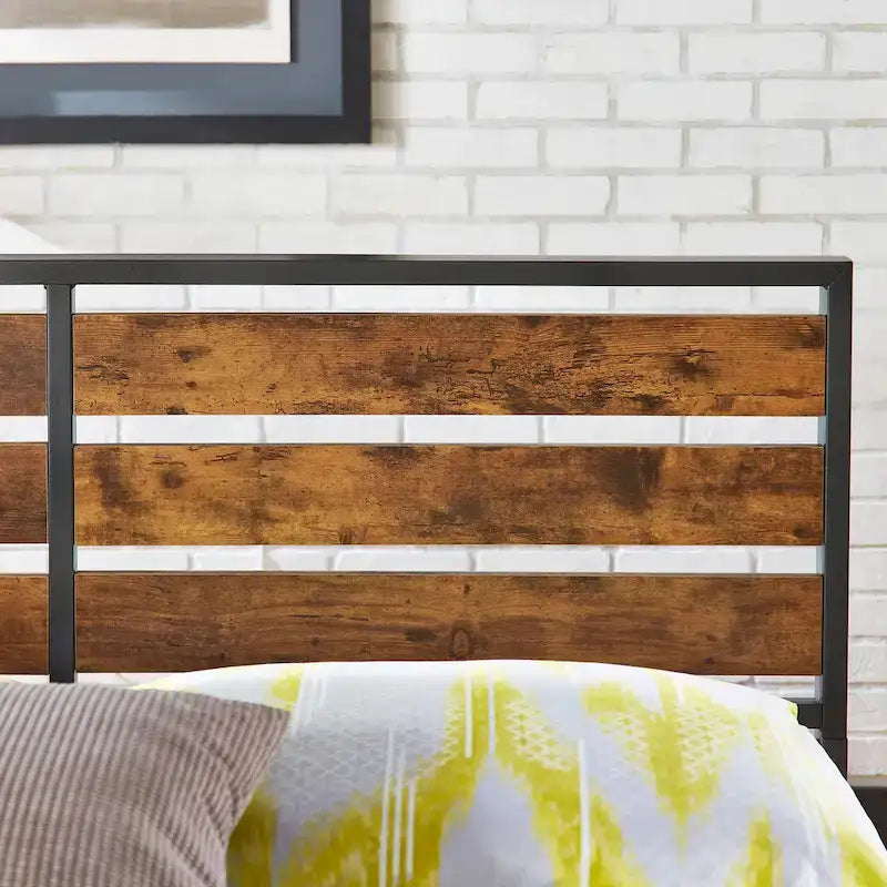 Lit plateforme en métal gris/noir avec panneaux en bois – Lit double et grand lit, 2 personnes