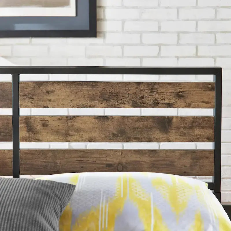 Lit plateforme en métal gris/noir avec panneaux en bois – Lit double et grand lit, 2 personnes