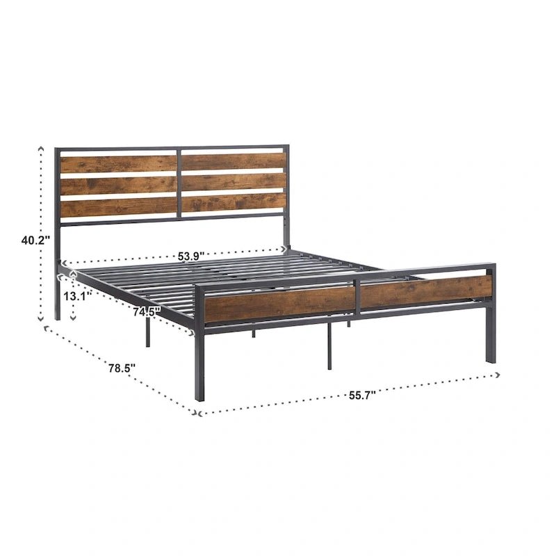 Lit plateforme en métal gris/noir avec panneaux en bois – Lit double et grand lit, 2 personnes