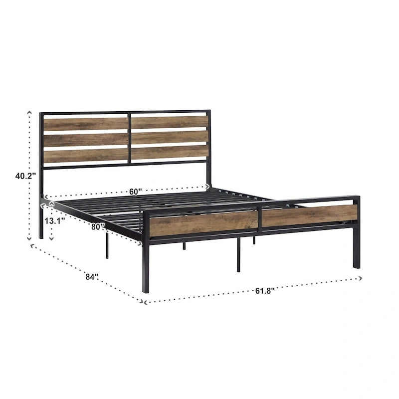 Lit plateforme en métal gris/noir avec panneaux en bois – Lit double et grand lit, 2 personnes