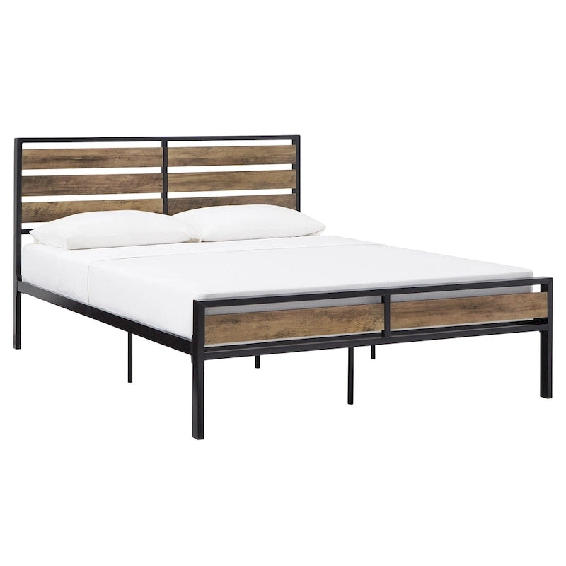 Lit plateforme en métal gris/noir avec panneaux en bois – Lit double et grand lit, 2 personnes