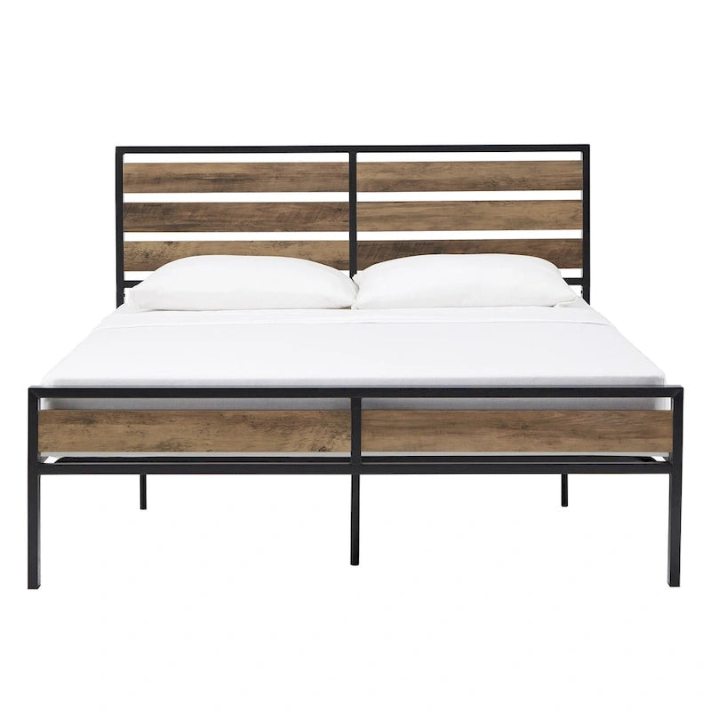 Lit plateforme en métal gris/noir avec panneaux en bois – Lit double et grand lit, 2 personnes