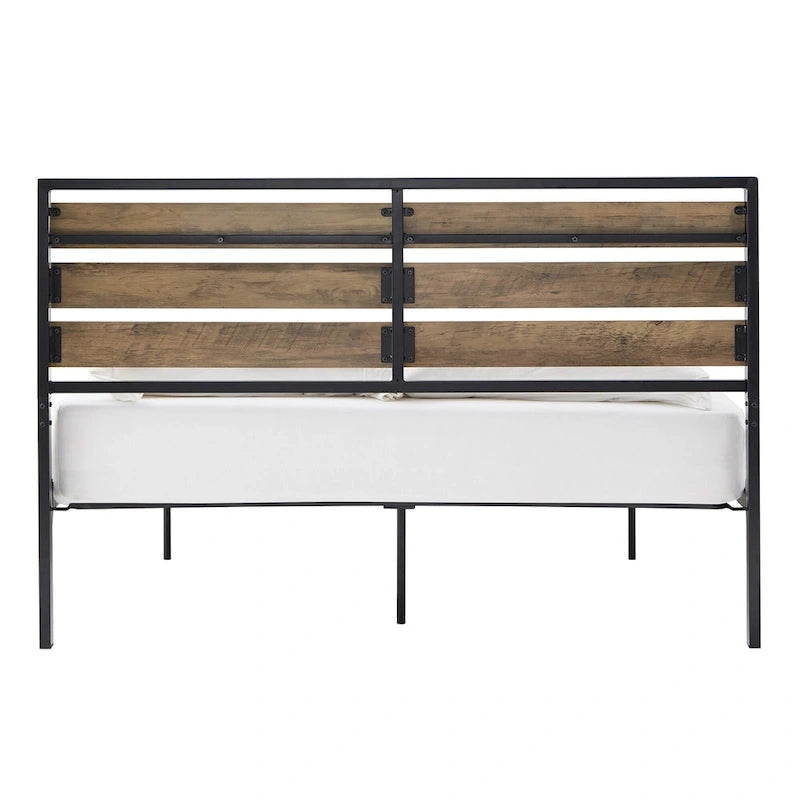 Lit plateforme en métal gris/noir avec panneaux en bois – Lit double et grand lit, 2 personnes