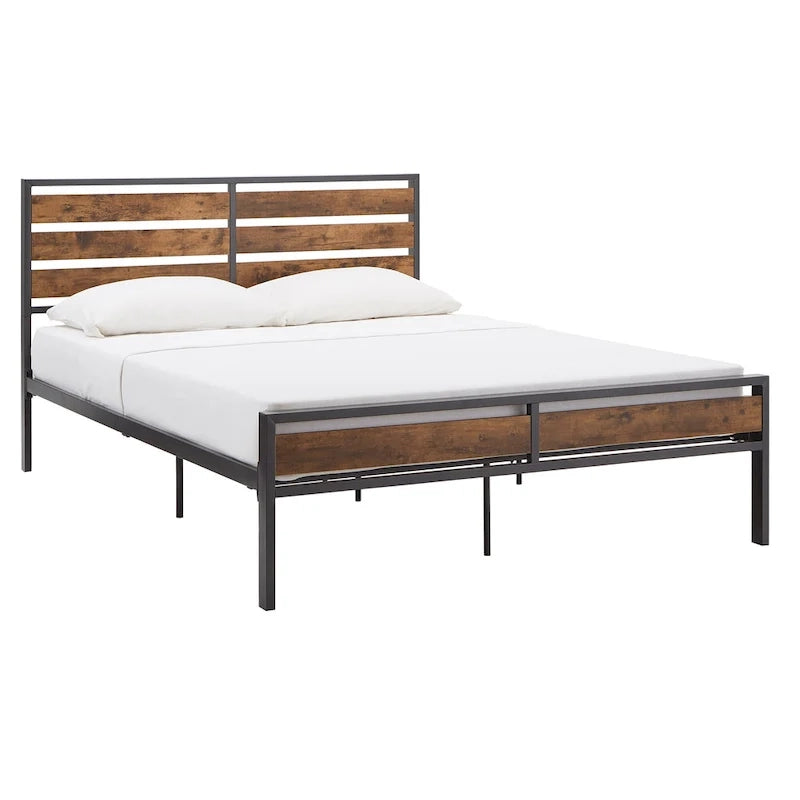 Lit plateforme en métal gris/noir avec panneaux en bois – Lit double et grand lit, 2 personnes