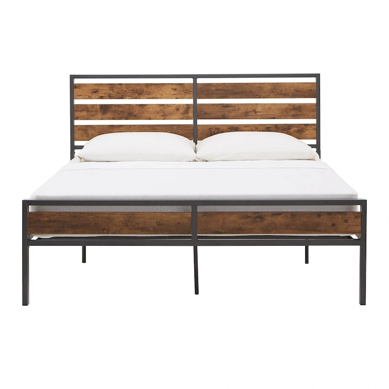 Lit plateforme en métal gris/noir avec panneaux en bois – Lit double et grand lit, 2 personnes
