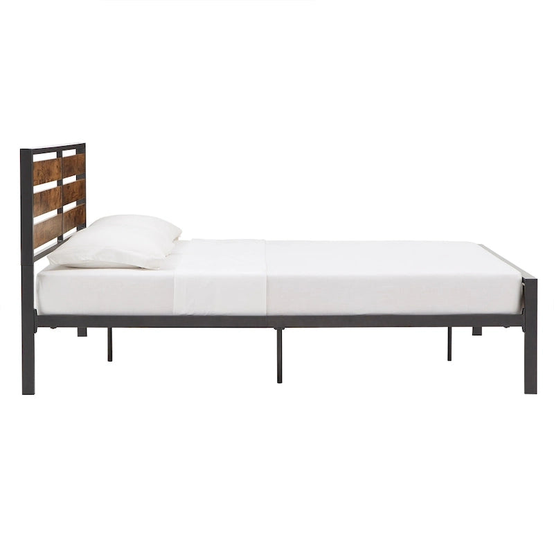 Lit plateforme en métal gris/noir avec panneaux en bois – Lit double et grand lit, 2 personnes