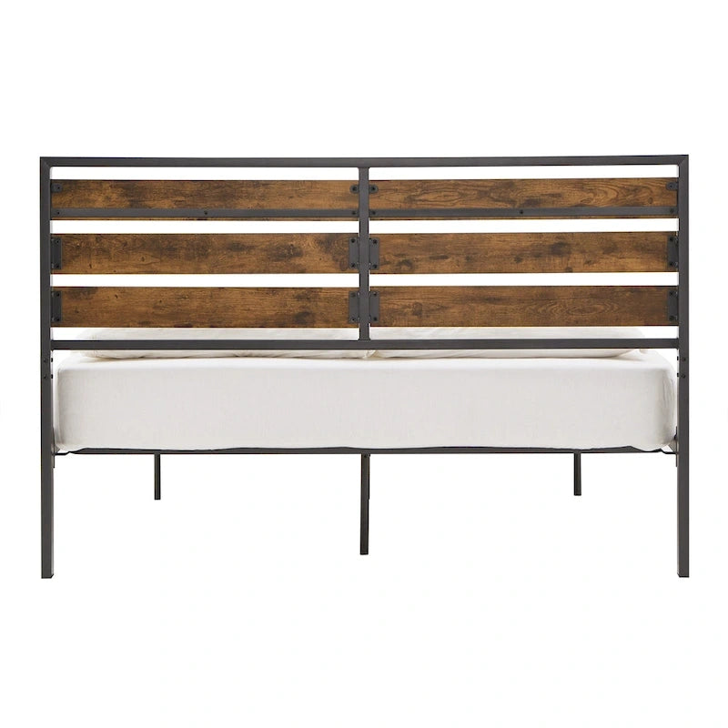 Lit plateforme en métal gris/noir avec panneaux en bois – Lit double et grand lit, 2 personnes