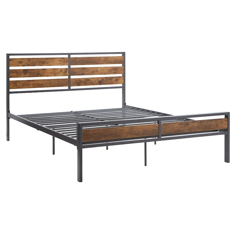 Lit plateforme en métal gris/noir avec panneaux en bois – Lit double et grand lit, 2 personnes