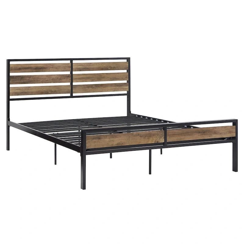 Lit plateforme en métal gris/noir avec panneaux en bois – Lit double et grand lit, 2 personnes