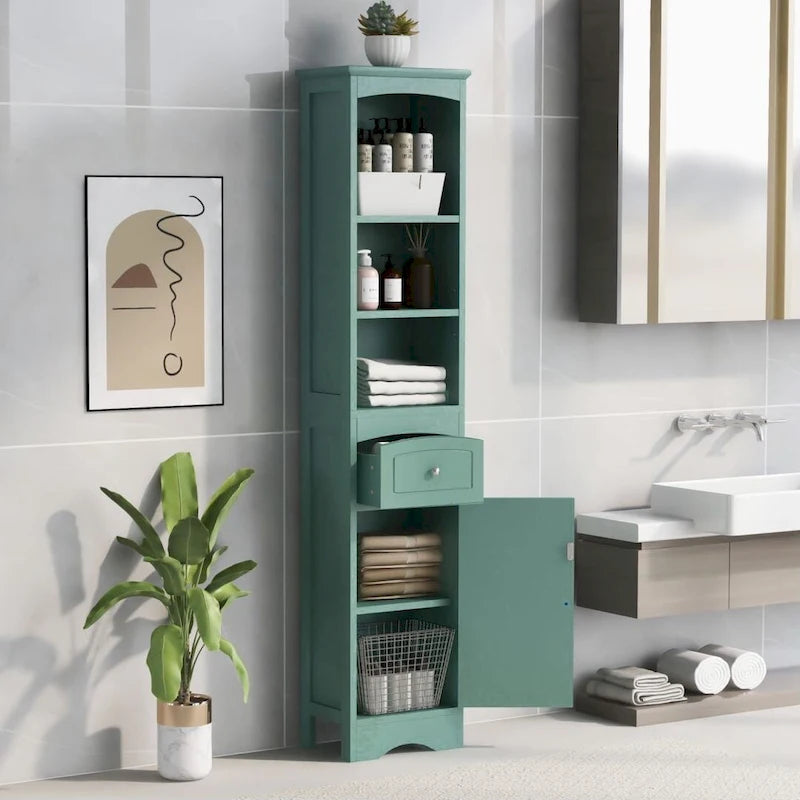 Armoire de salle de bain haute sur pied avec tiroir – Vert / Gris / Blanc / Noir, assemblage par 1 personne