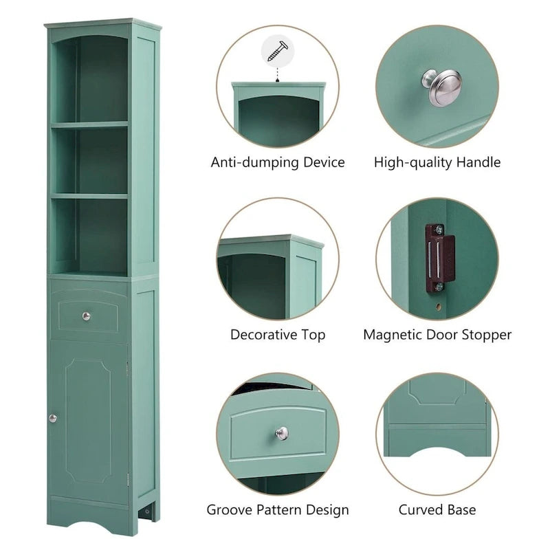 Armoire de salle de bain haute sur pied avec tiroir – Vert / Gris / Blanc / Noir, assemblage par 1 personne