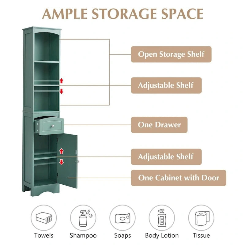Armoire de salle de bain haute sur pied avec tiroir – Vert / Gris / Blanc / Noir, assemblage par 1 personne