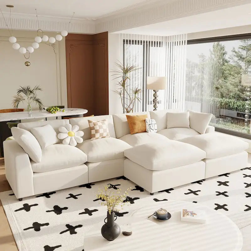 Canapé d'angle moderne en U avec 2 méridiennes et poufs amovibles, 6 places