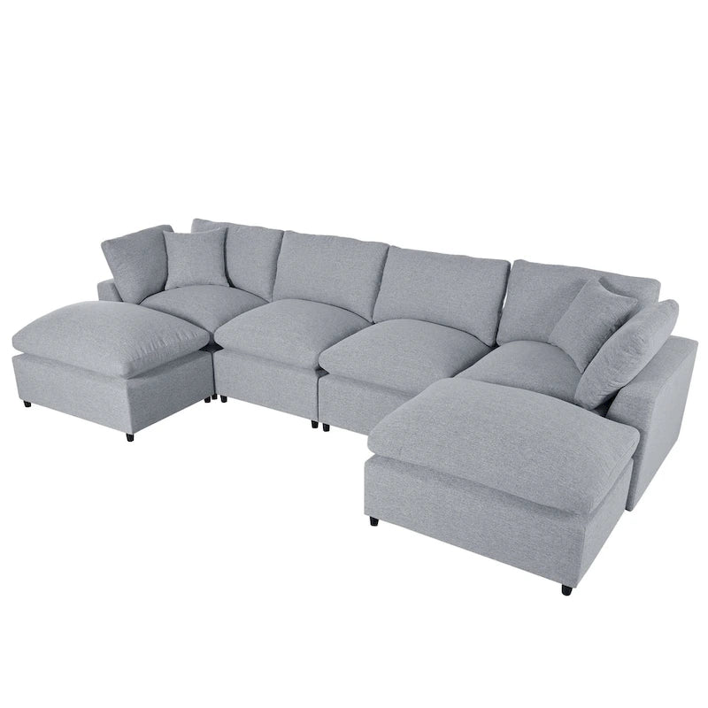 Canapé d'angle moderne en U avec 2 méridiennes et poufs amovibles, 6 places