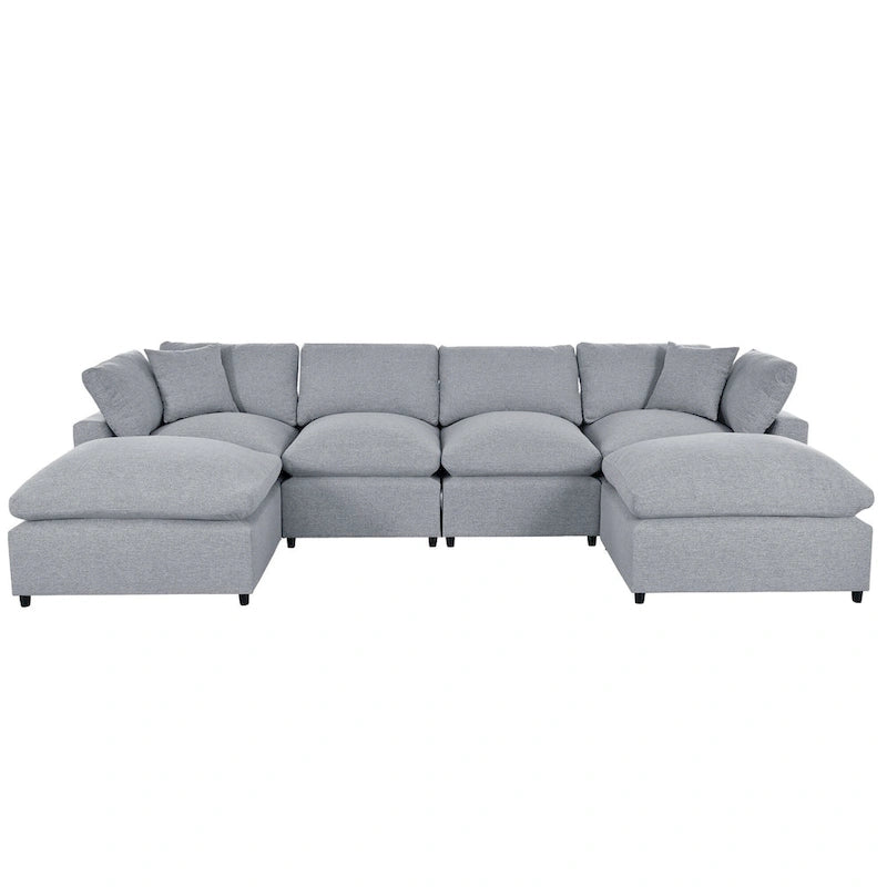 Canapé d'angle moderne en U avec 2 méridiennes et poufs amovibles, 6 places