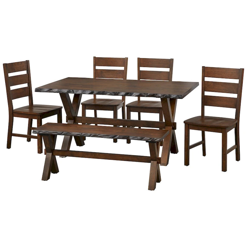 Ensemble de salle à manger en noyer massif avec banc, 6 places