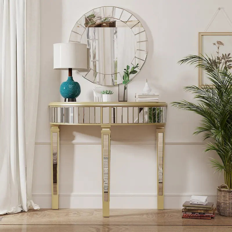 Console demi-lune miroir argent et or, pour 1 personne