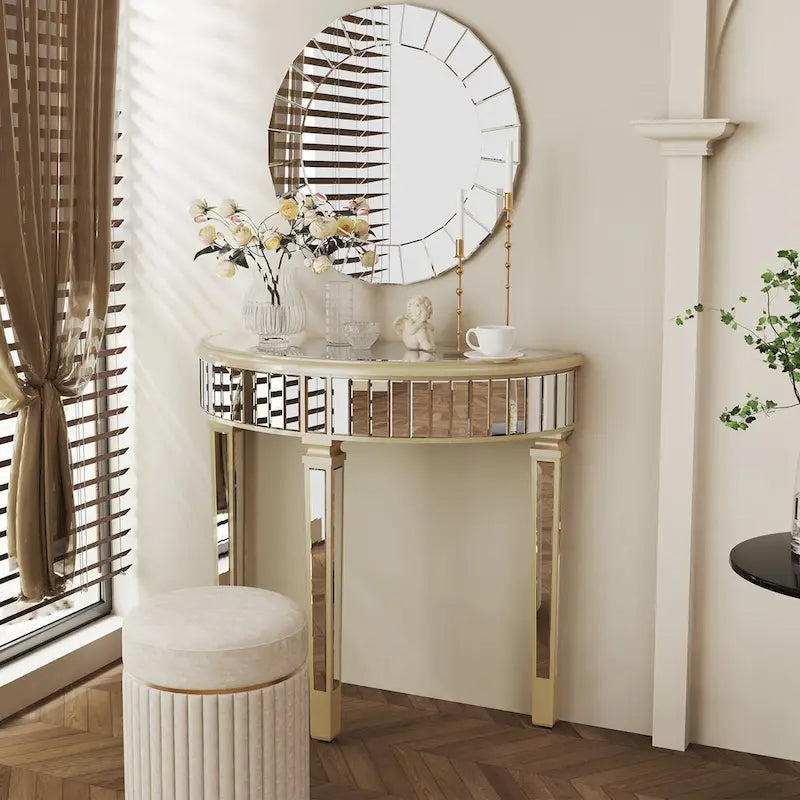 Console demi-lune miroir argent et or, pour 1 personne
