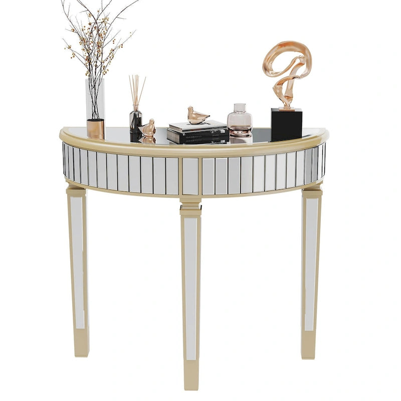 Console demi-lune miroir argent et or, pour 1 personne