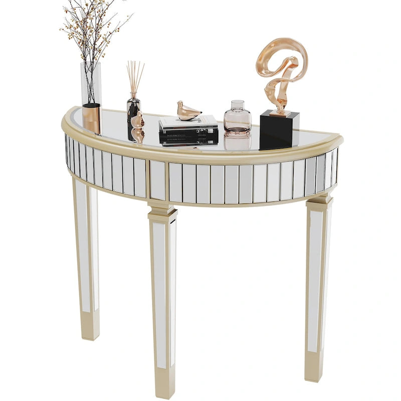 Console demi-lune miroir argent et or, pour 1 personne