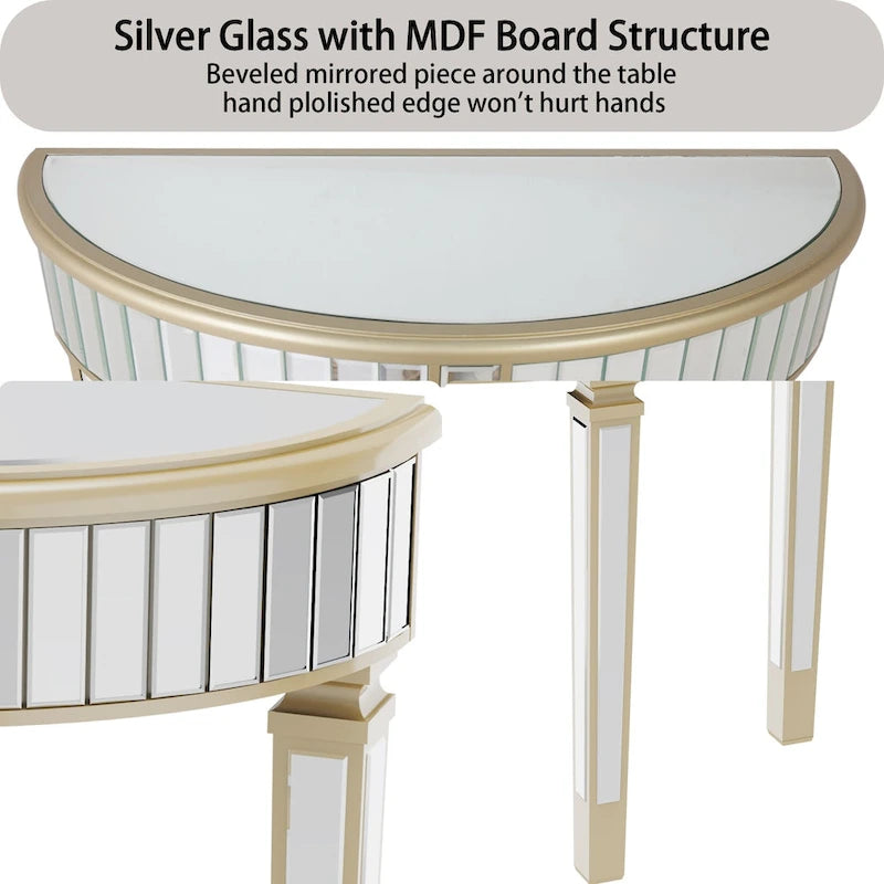 Console demi-lune miroir argent et or, pour 1 personne