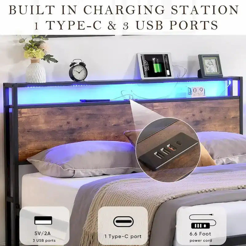 Lit plateforme en métal à LED RVB avec tête de lit de rangement et 2 tiroirs, pour 2