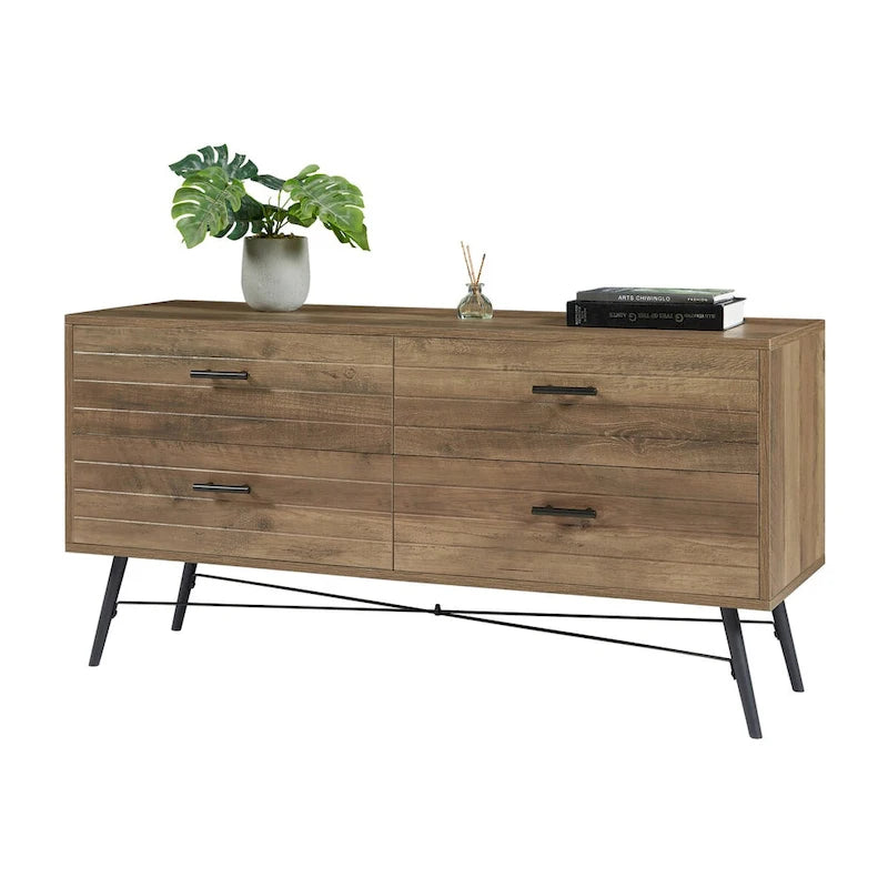 Commode 4 tiroirs noyer marron – Style rustique, 1 personne