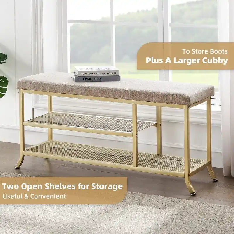 Banc de rangement pour chaussures en métal doré, style moderne, siège 1 personne