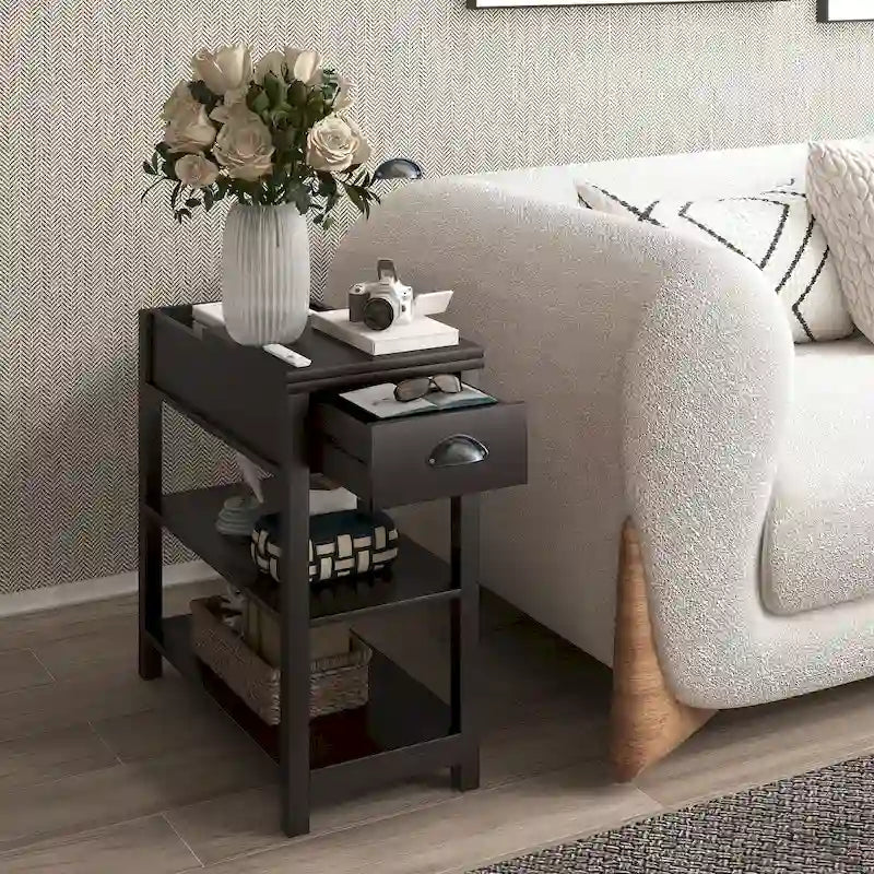 Table d'appoint étroite marron avec plateau relevable et étagère de rangement, pour 1 personne