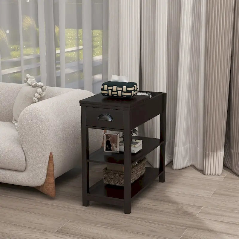 Table d'appoint étroite marron avec plateau relevable et étagère de rangement, pour 1 personne