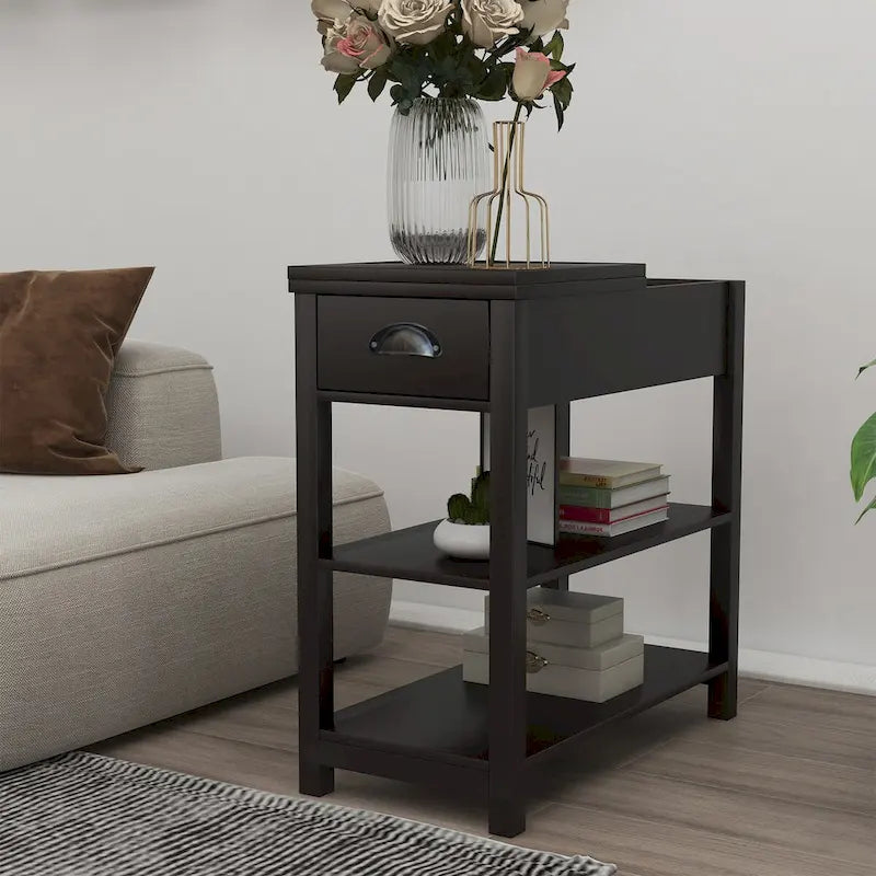 Table d'appoint étroite marron avec plateau relevable et étagère de rangement, pour 1 personne