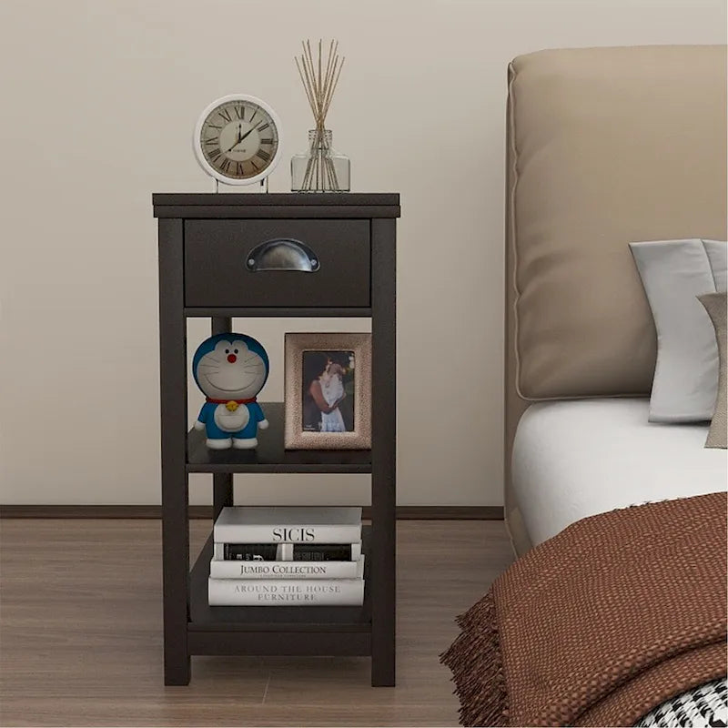 Table d'appoint étroite marron avec plateau relevable et étagère de rangement, pour 1 personne
